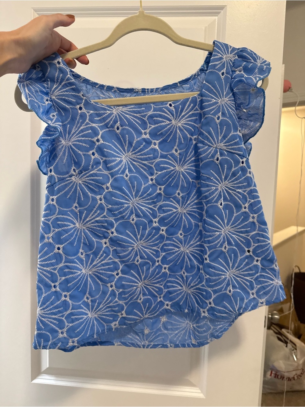 Blue Floral Eyelet Ruffle Sleeve Women's Top